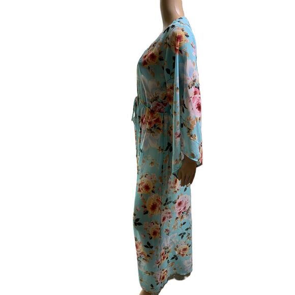 Privy Blue Floral Print V-Neck Long Sleeve Cinched Waist Maxi Dress Wrap Size M - Picture 13 of 16
